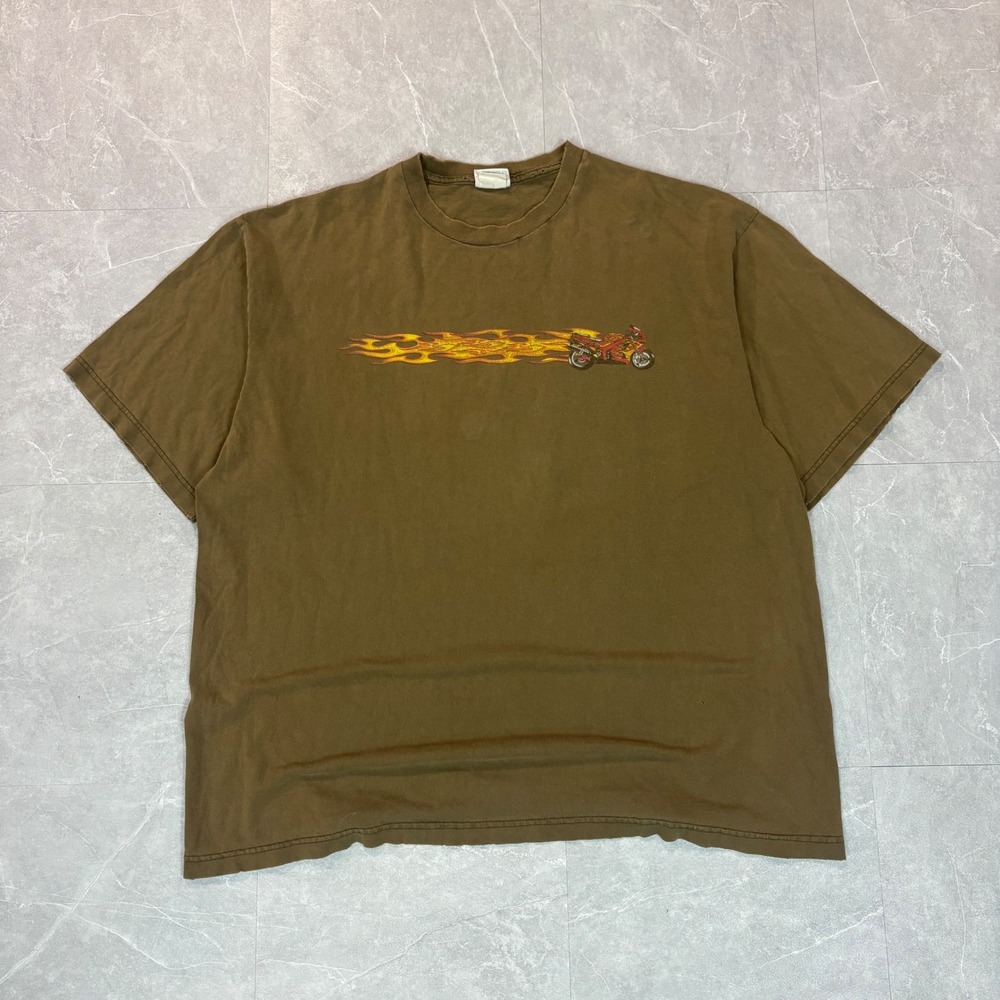 Vintage Tee Jays Motorcycle Flame Graphic T-Shirt Olive Brown XL 90s Distressed